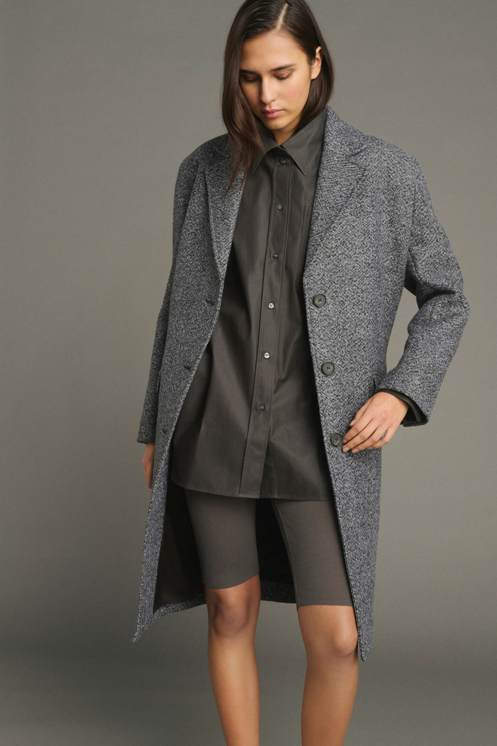 Manteau tailleur en laine mouchetée