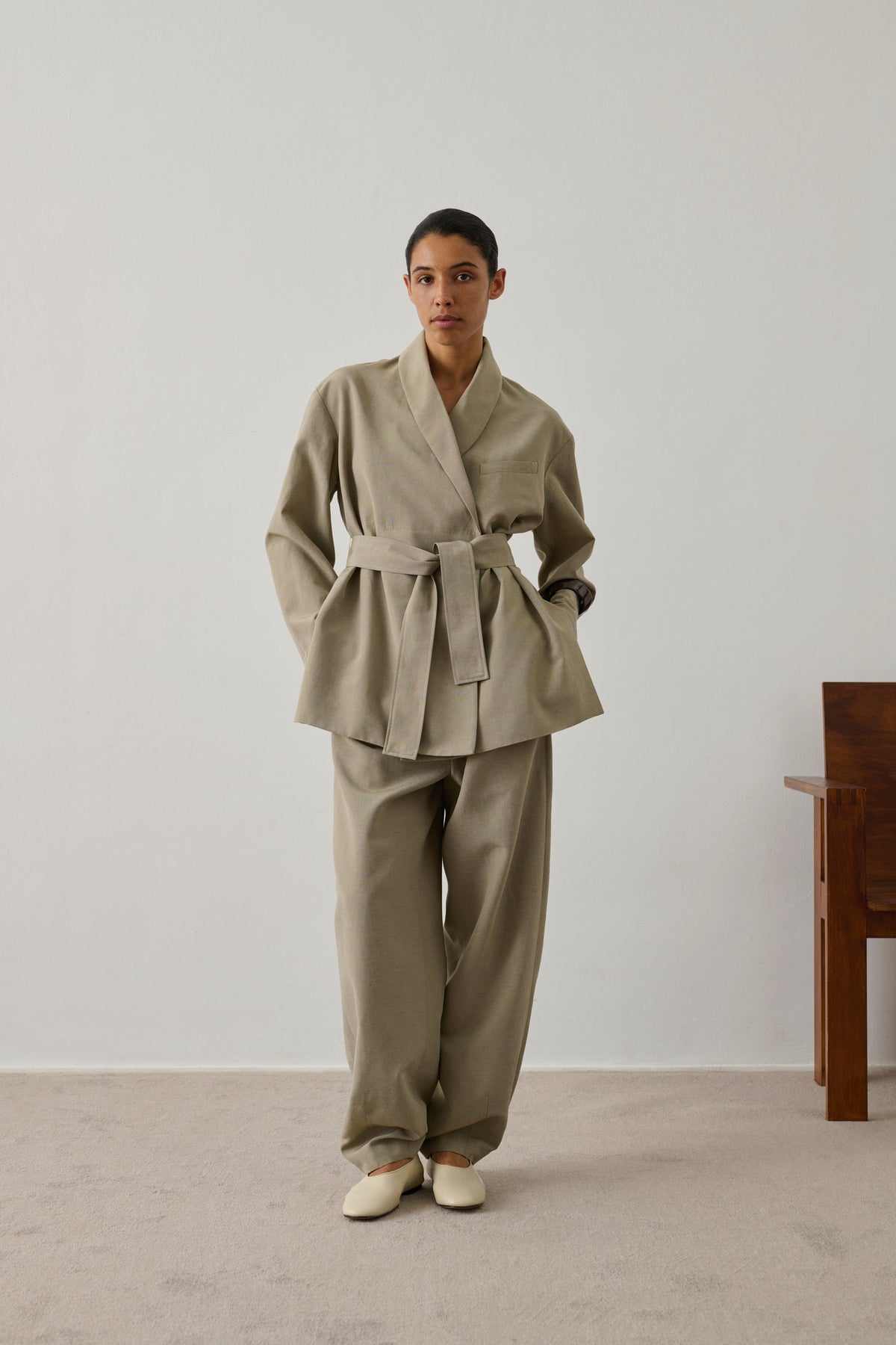 Veste à col châle en twill de laine