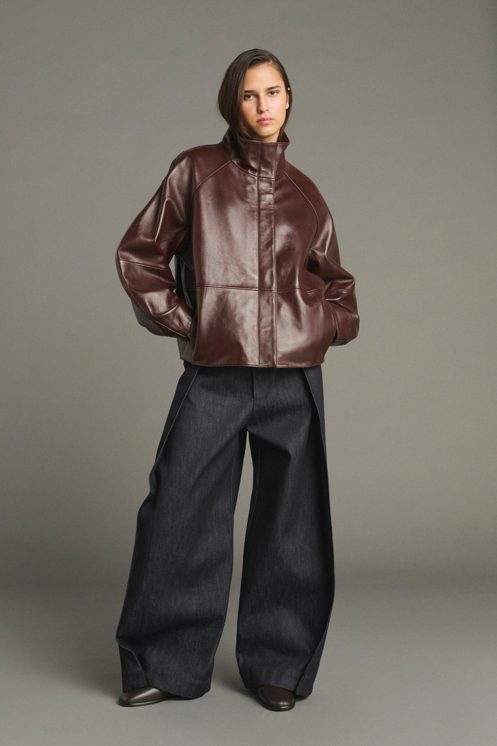 Blouson raglan en cuir glacé