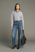 Jean à pli marchand en denim delavé