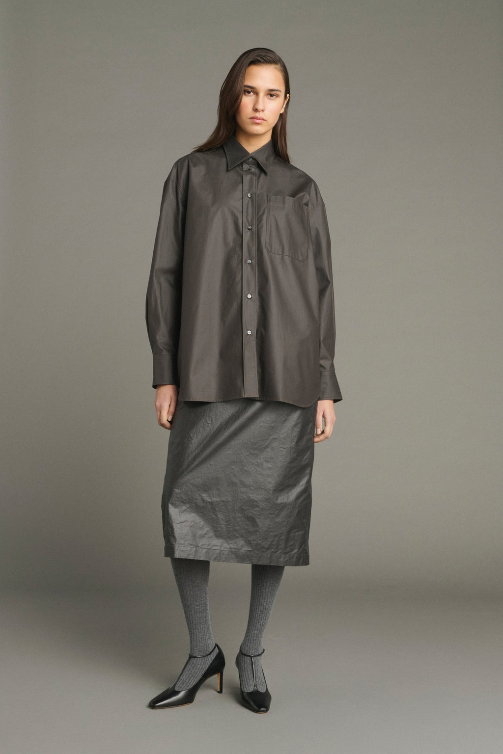 Chemise oversize à poche en coton enduit