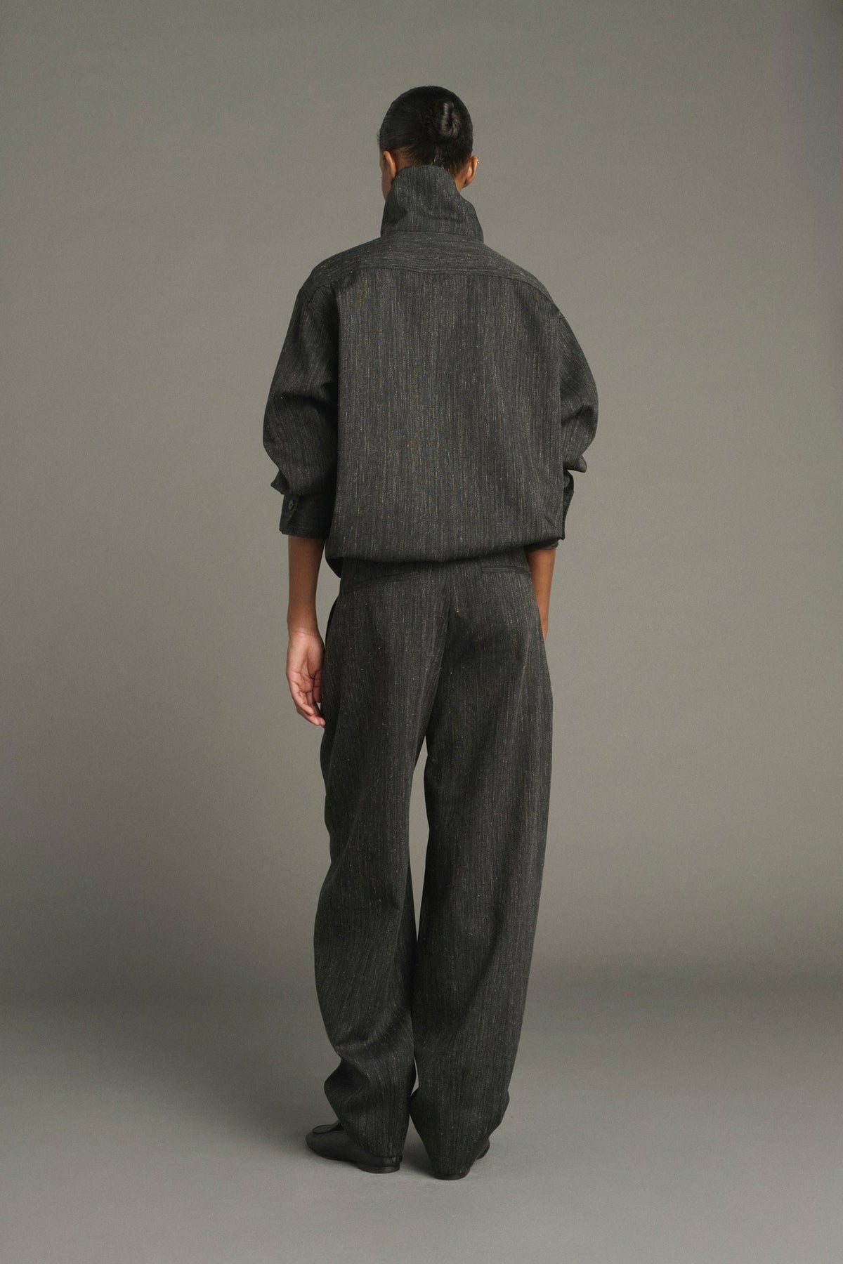 Vareuse asymétrique en toile de laine chinée