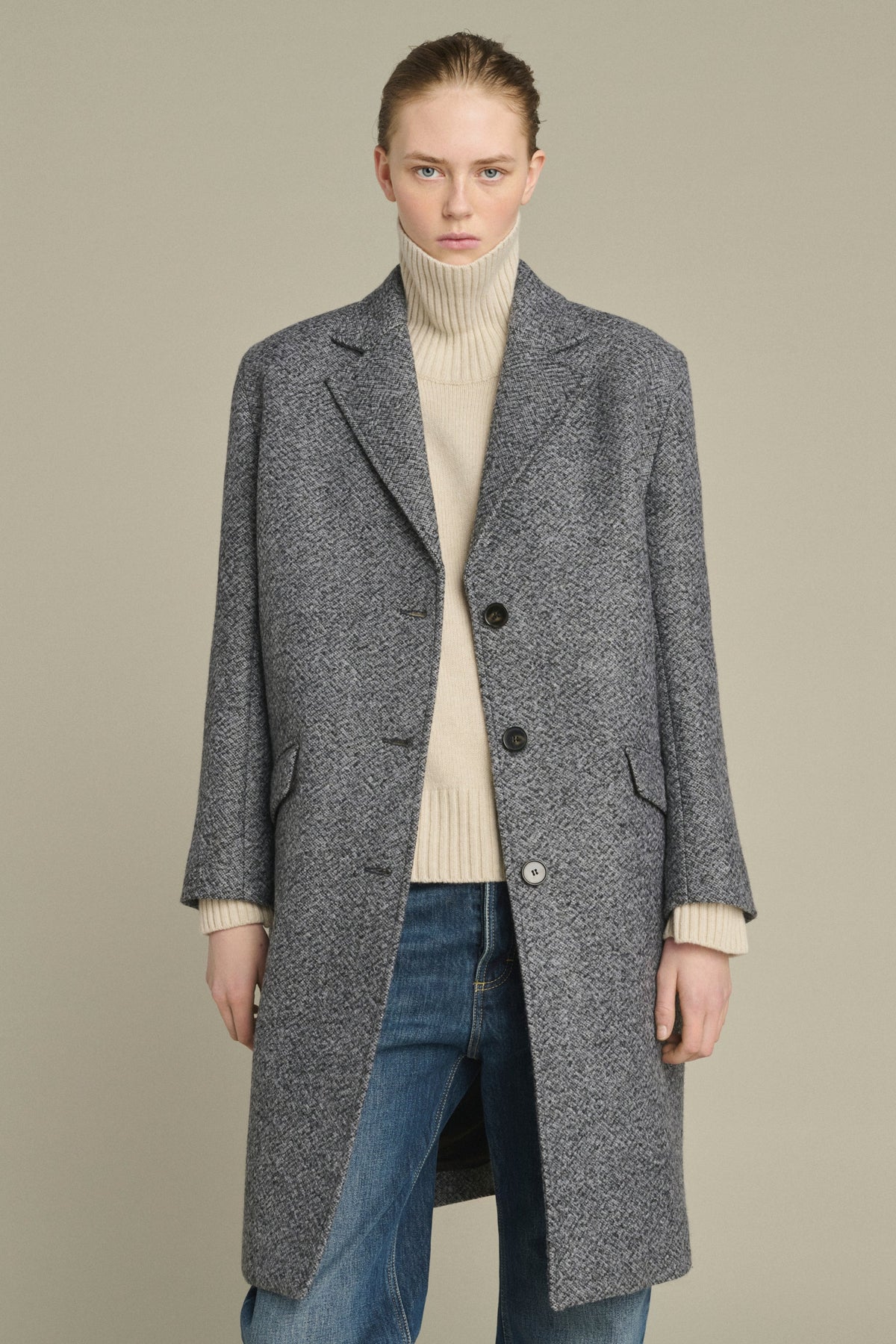 Manteau tailleur en laine mouchetée