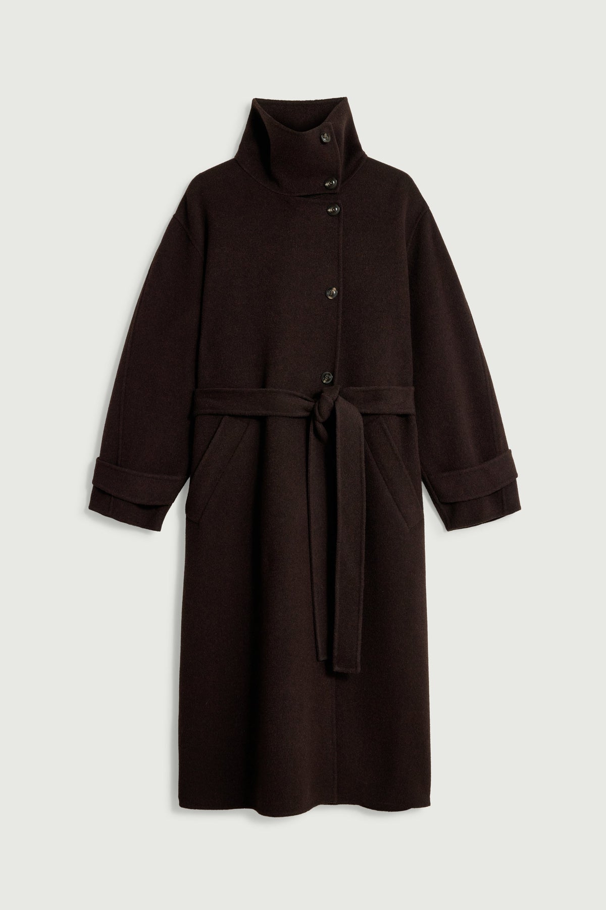 Manteau ceinturé à col haut en laine double face