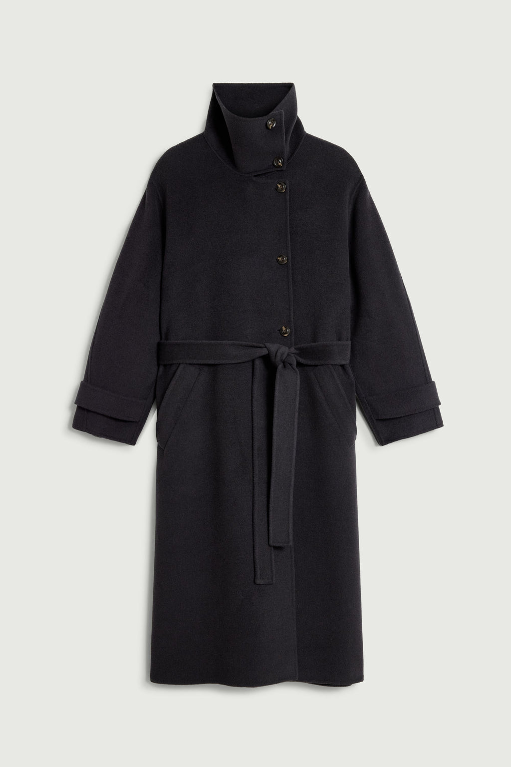 Manteau ceinturé à col haut en laine double face
