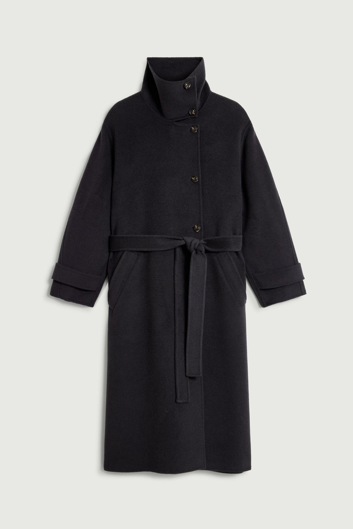 Manteau ceinturé à col haut en laine double face